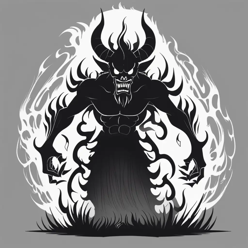 "Draw an icon depicting a terrifying 'pishacha' demon in full height, dissolving into shadows that are engulfing it. The icon should be rendered in black, white, and gray tones, with a sketch-like appearance."