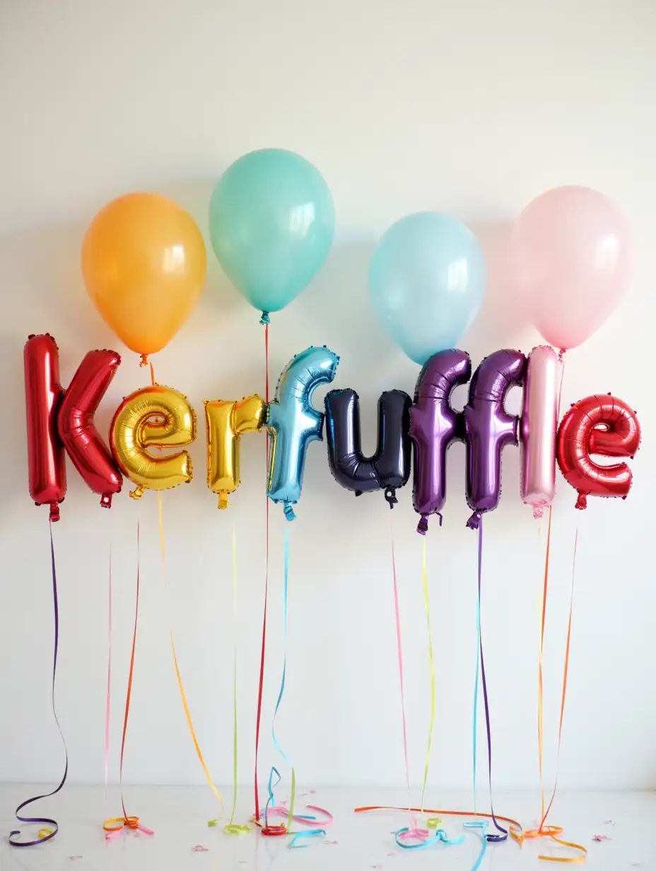 The word Kerfuffle is spelled in colorful balloons