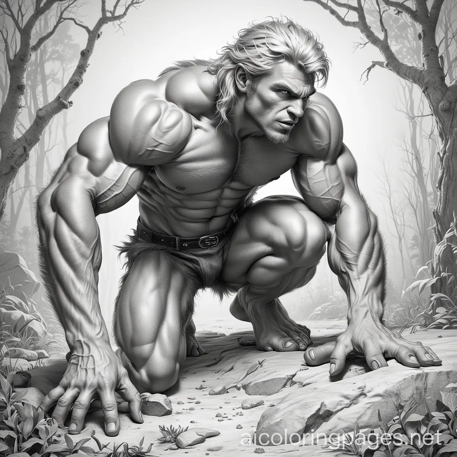 Muscular-Blond-Werewolf-Crouching-for-Coloring-Fun