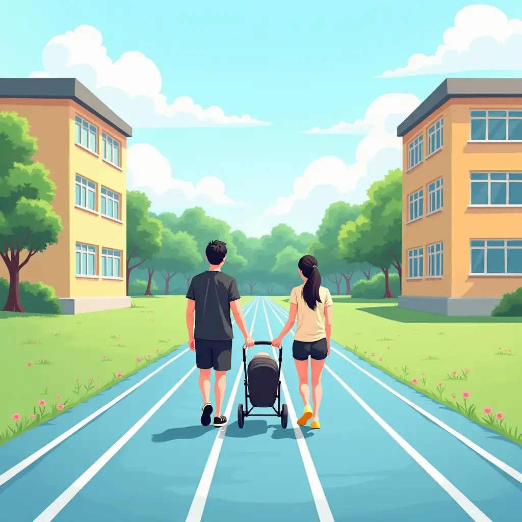 user_prompt:  Hello, please help me describe an illustration: : At the end of summer, clear weather. The main characters are a happy family: father, mother pushing a baby stroller in the school campus rubber running track, father wearing black short-sleeved shirts and black slippers, mother wearing beige short-sleeved shirts and yellow running shoes, father mother and baby stroller all back views, running track is sky blue, with two teaching buildings 5 floors high, father and mother have conversations and laughter, the exercise field is very large