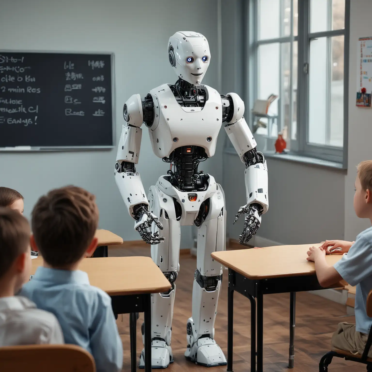 Robot-Teacher-Explains-Lesson-to-Students-in-Classroom