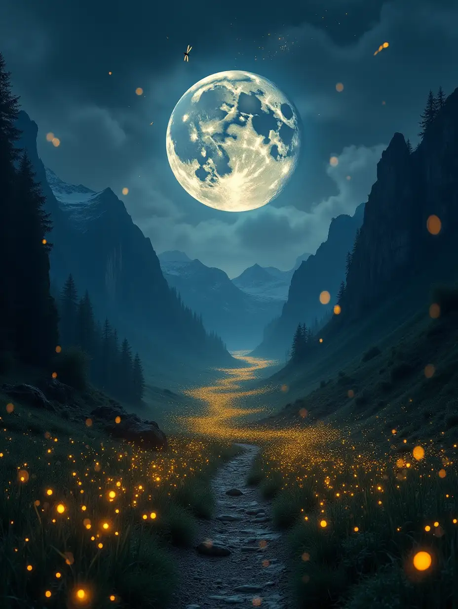 Magical atmosphere at night, where fireflies light the way, golden fireflies, golden dragonflies, moon in front, mountains on the sides, style of the lord of the rings, the lord of the rings