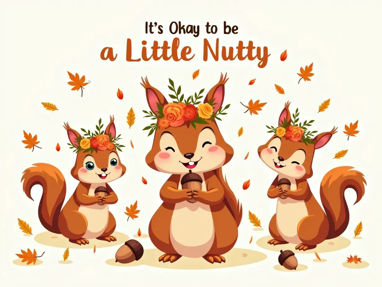 Vector, 64k. Three playful squirrel wearing a vibrant floral crown, holding an acorn in its paws. The squirrel is surrounded by falling autumn leaves and scattered acorns. The overall style is whimsical and detailed, with a focus on the charm of the animal and the beauty of the season. featuring the word 'It's Okay to be a Little Nutty' in bold.