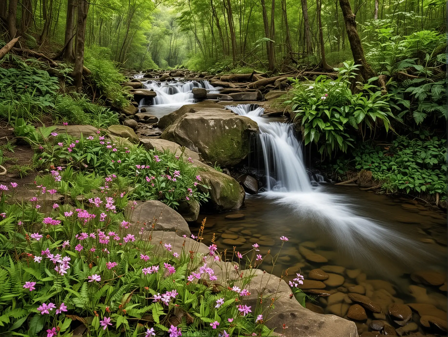 Tranquil-Forest-Scene-with-Waterfall-and-Flowers