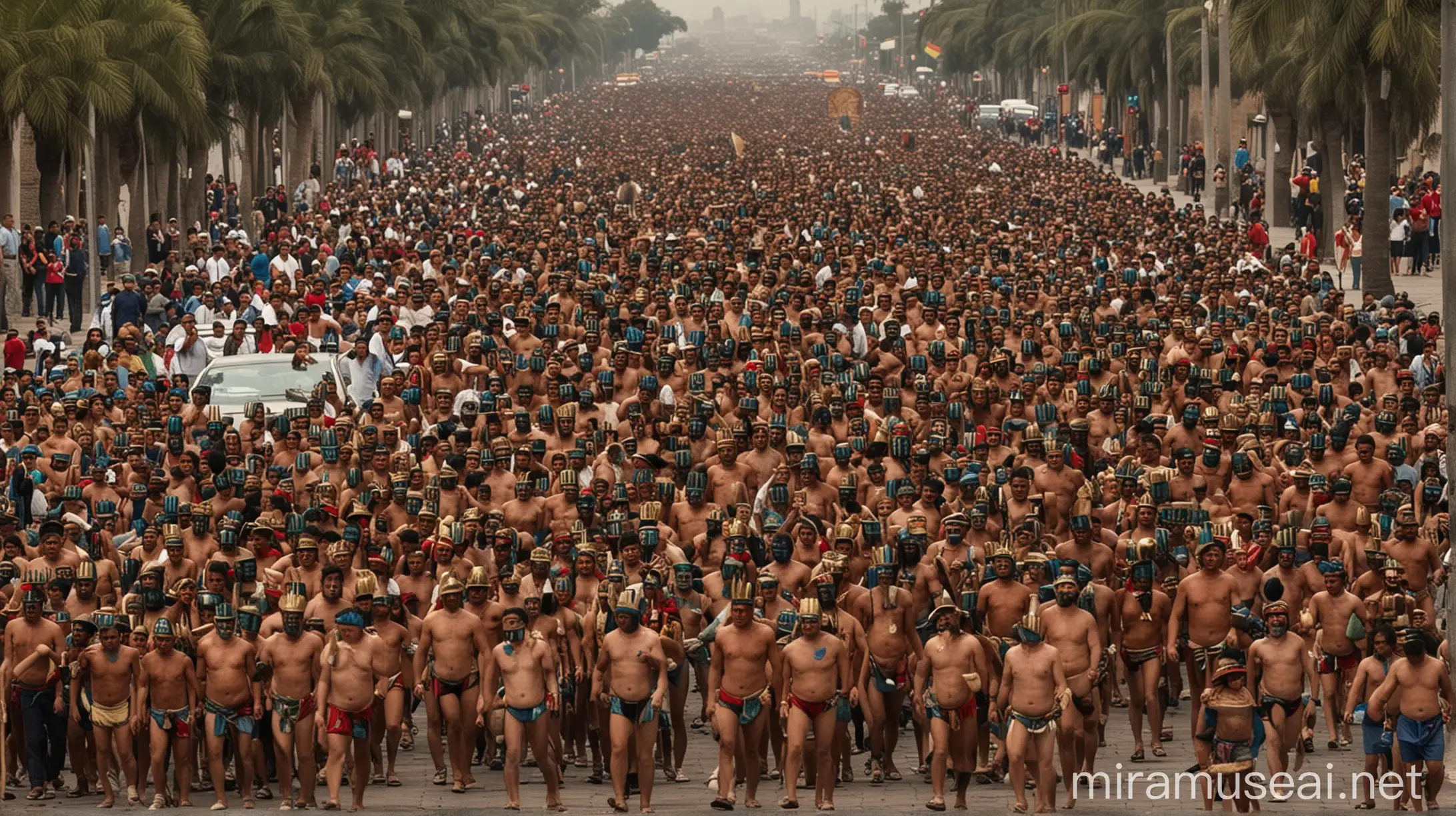 Bustling Streets of Tenochtitlan with Spectators at Ritual Gathering