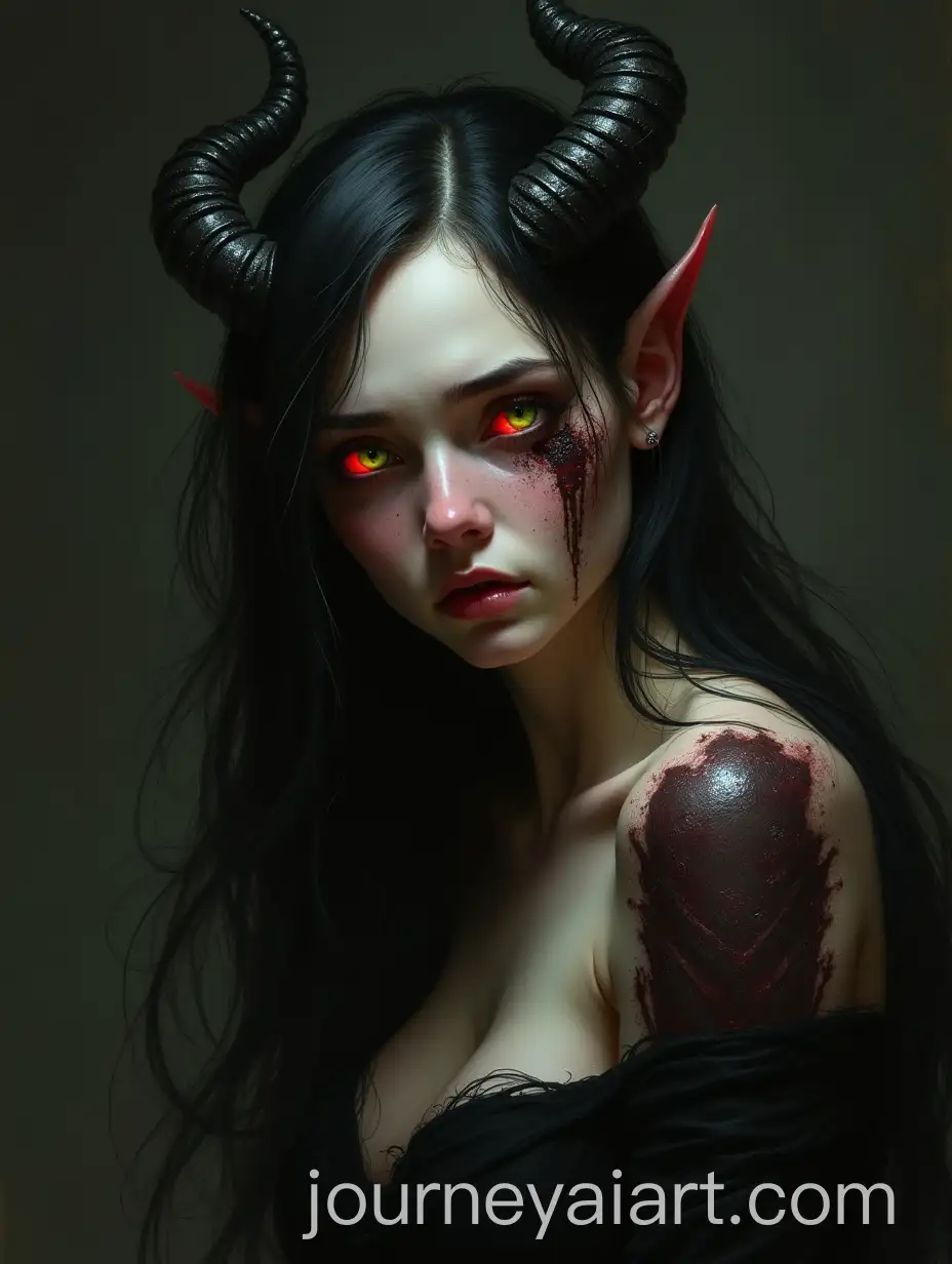 Tiefling-Elf-Woman-with-Horns-and-Glowing-Eyes-in-Dark-Suffering-Scene