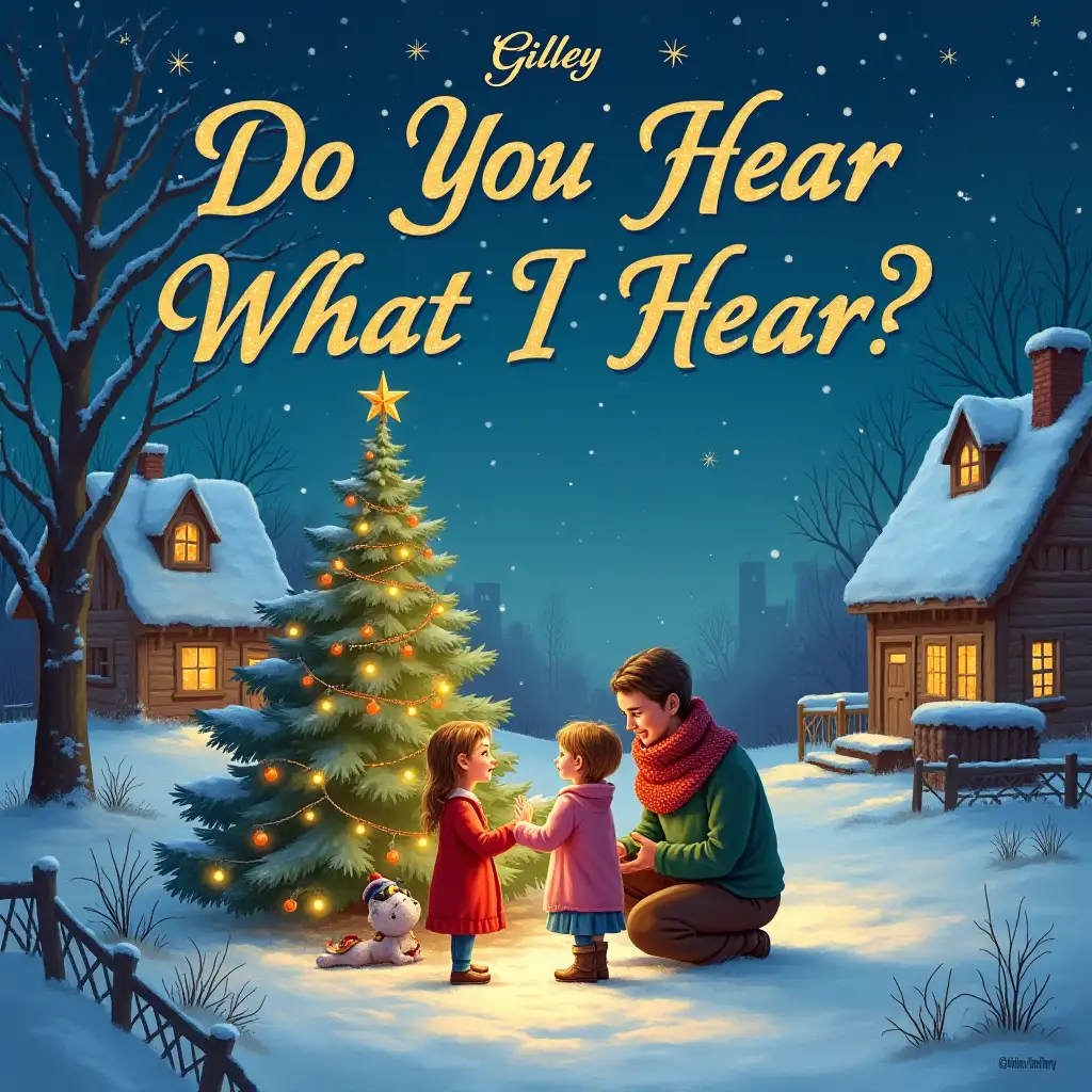 Design an album cover that captures the essence of joy, nostalgia, and timeless beauty, appealing to people aged 5 to 99. The cover art should feature a serene winter scene with a cozy, snow-covered village illuminated by warm, glowing lights. In the foreground, depict a family gathered around a beautifully decorated Christmas tree, sharing moments of love and togetherness. Incorporate subtle elements that evoke a sense of wonder and magic, such as twinkling stars in the night sky and gentle snowflakes falling. The title of the album, “Do You Hear What I Hear?” and the artist’s name, “Gilley,” should be prominently displayed in elegant, classic typography that complements the serene atmosphere. Ensure the design radiates warmth and invites viewers of all ages to feel the joy and love of the holiday season, making it a classic album cover that will be cherished for generations.