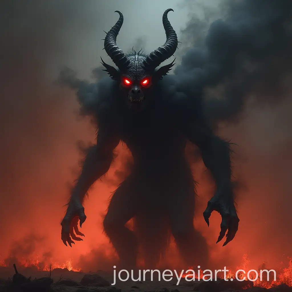 Demonic-Creature-with-Glowing-Red-Eyes-Emerging-from-Black-Smoke-in-Fiery-Landscape