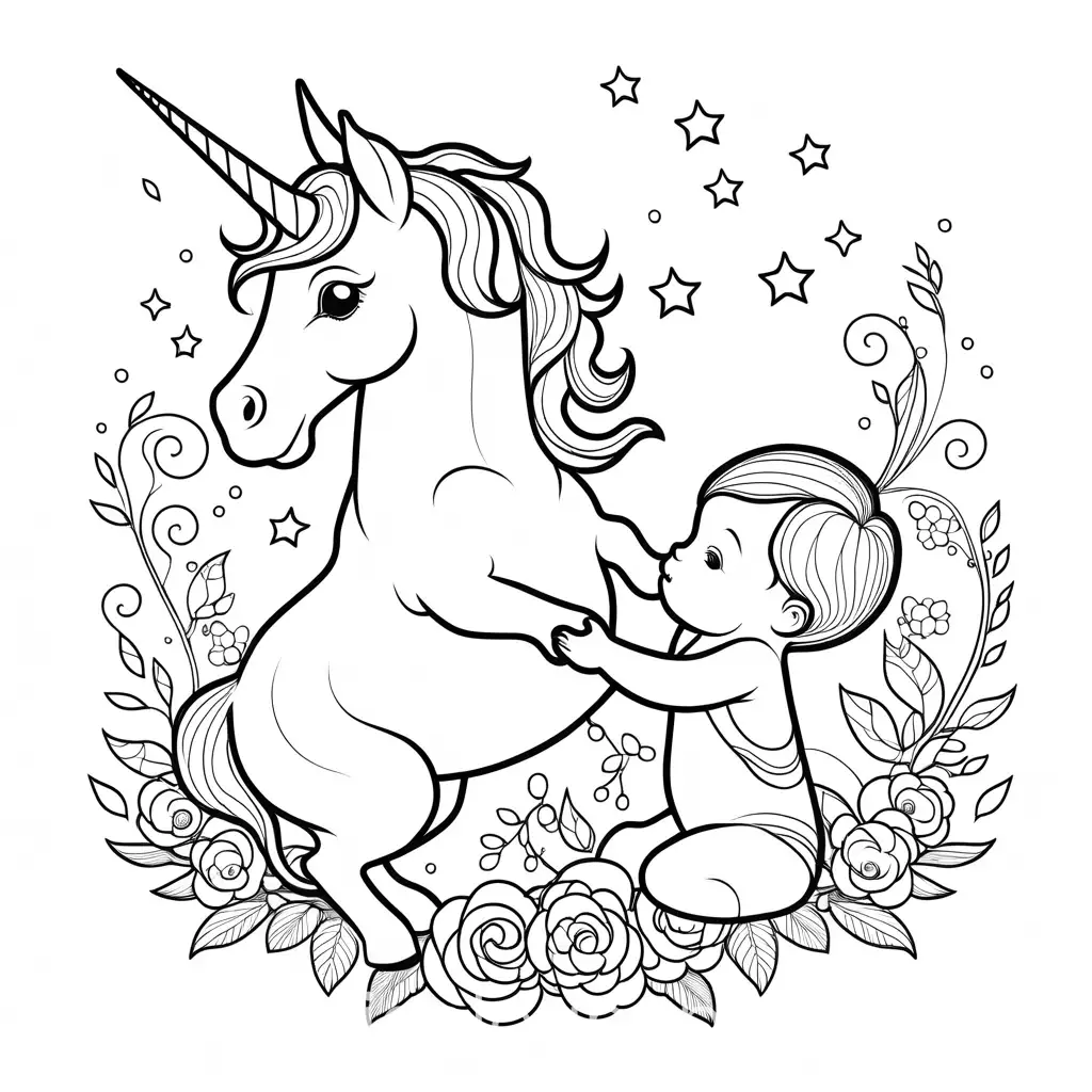A baby playing with a unicorn, Coloring Page, black and white, line art, white background, Simplicity, Ample White Space