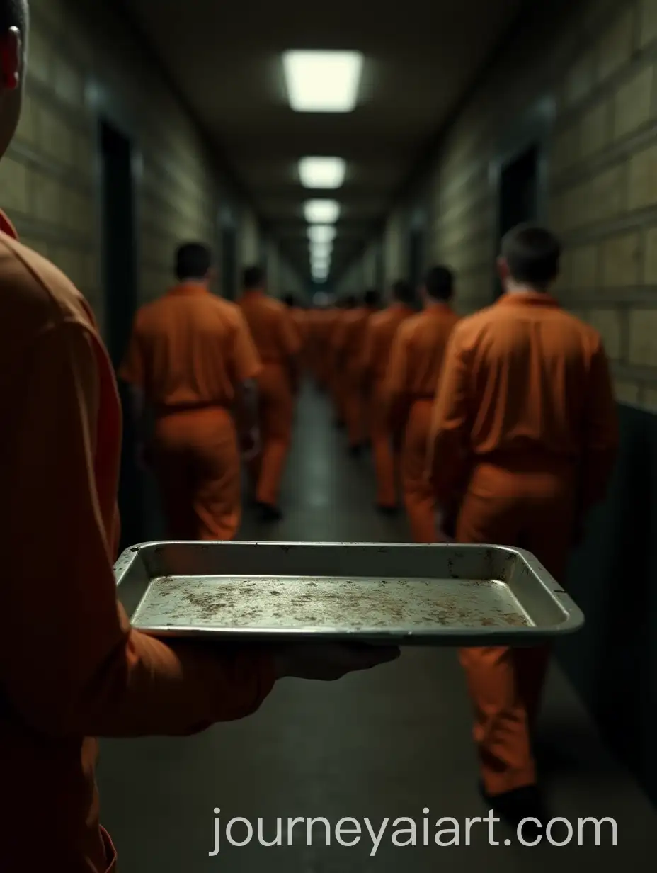 Prisoner-Walking-Toward-MessAI-Image-Prompt-Expansion-Hall-in-Faded-Orange-Uniforms