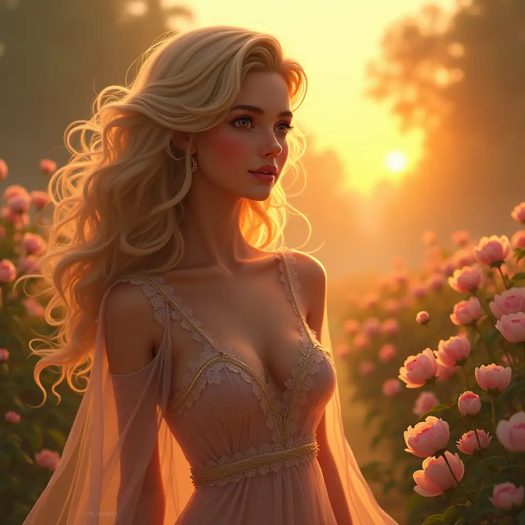 A Beautiful 20 year old woman, high detail, large breasts, sexy German woman, long curly blonde hair, brown eyes, transparent see through revealing dress, side face, deep thoughtful gazing at far end, high detailed face, sunset in a flower garden:1.2), digital art, trending on artstation, fantasy, romantic, ethereal, magical, by studio ghibli and greg rutkowski.