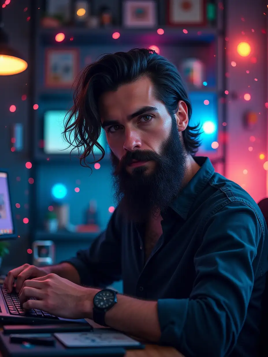 a 31yo male lean body, dark medium hair, dark long beard, tall, surrounded by psychedelic molecules and technology-looking abstractons, realistic, self-confident, like a personal development writer. zoom out include some computer hardware in the background, put it in a lux home office, make it psychedelic style but also professional