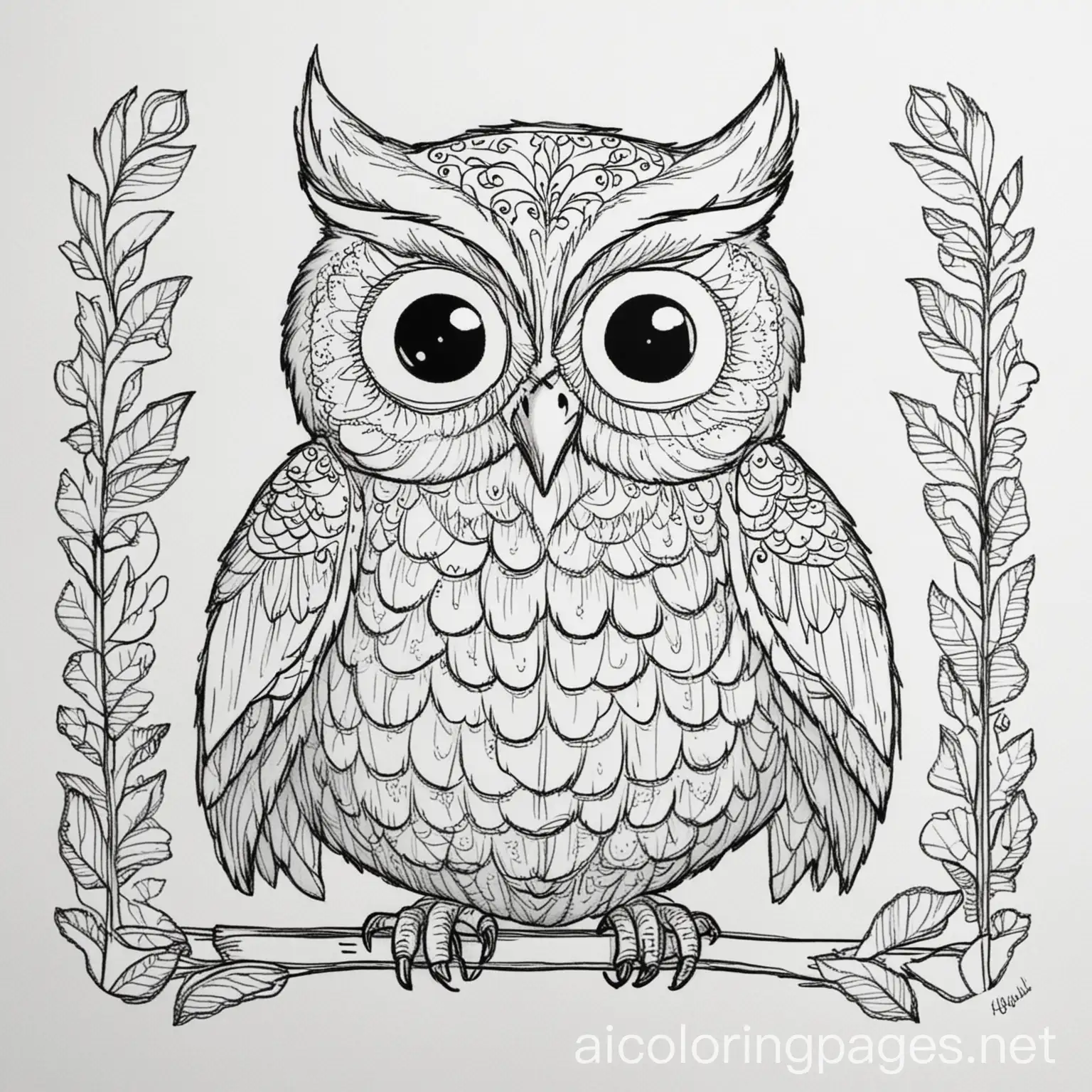 Charming-Owl-Coloring-Page-for-Kids-Black-and-White-Line-Art