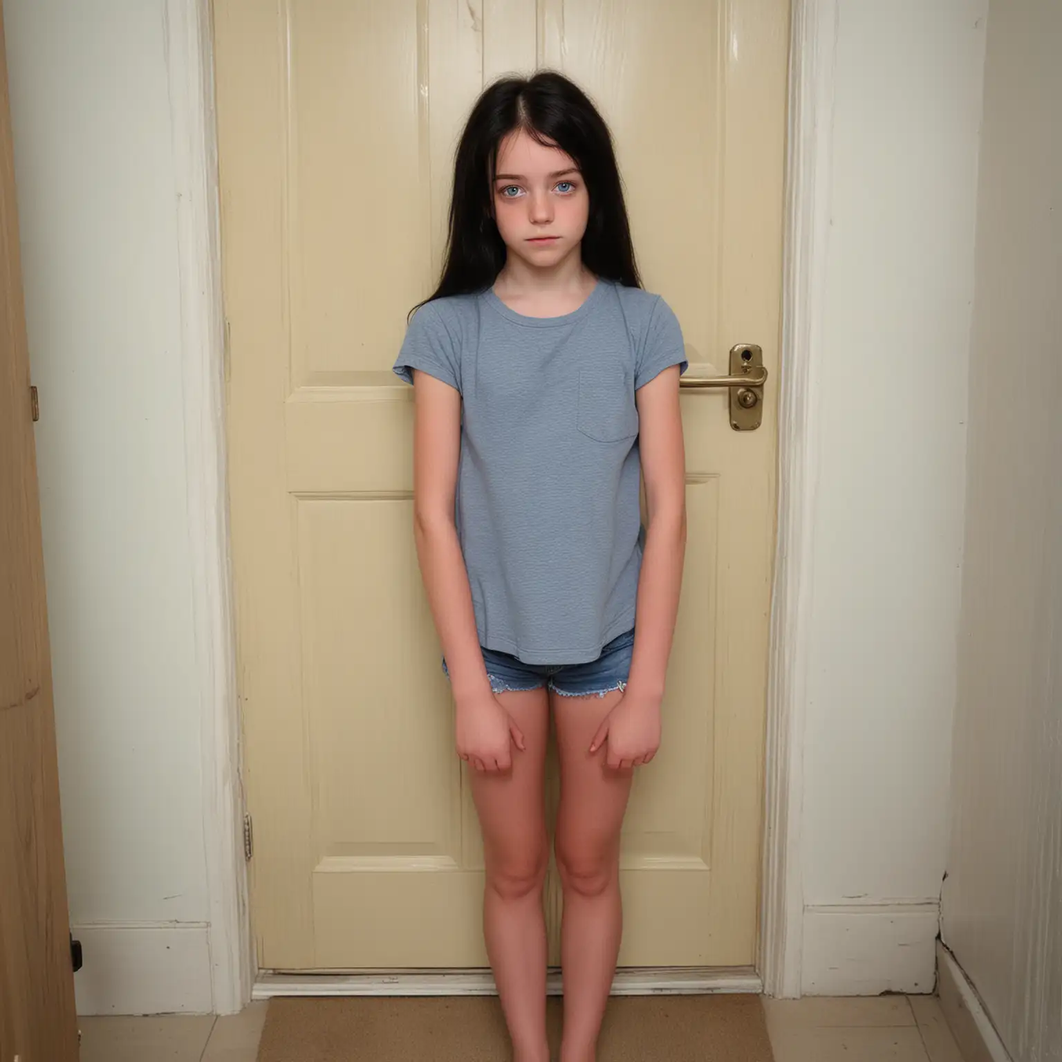 Teenage-Girl-with-Blue-Eyes-and-Black-Hair-Squatting-Near-Bath-Door