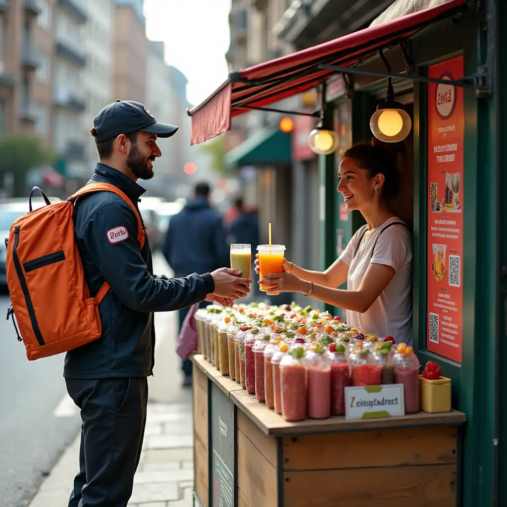 A busy street with only Zepto gig workers taking a short break. A compact street-side fruit stall offers refreshing fruit salads, smoothies, and juices in neat, spill-proof packaging. The packaging has a bright logo saying 'Fuel for Hustlers' with discount offers for Zepto workers. The vendor, a young entrepreneur, hands a smoothie to a Zepto delivery person wearing a uniform with the Zepto logo. There are stickers and posters highlighting 'Healthy Energy for Busy Riders' and QR codes for easy ordering. The environment is lively, with Zepto workers chatting and recharging for their next ride.