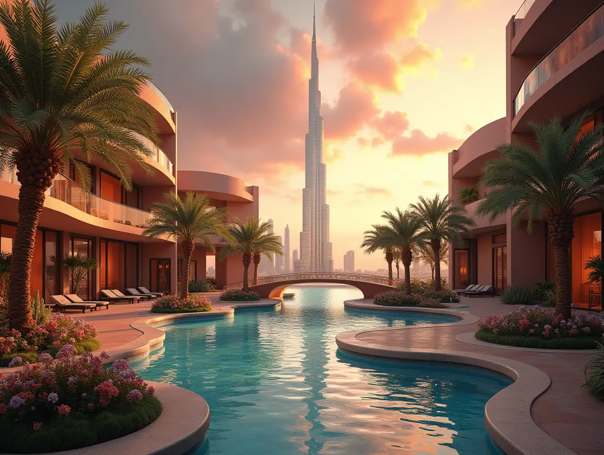 Create a high-resolution, realistic panorama image of a futuristic terrace building with window burj khalifa with bridge, one and a person with swimming rings, many plants and colorful flowers White and brown facades in the desert oasis with fountain large trees, very cloudy red sky