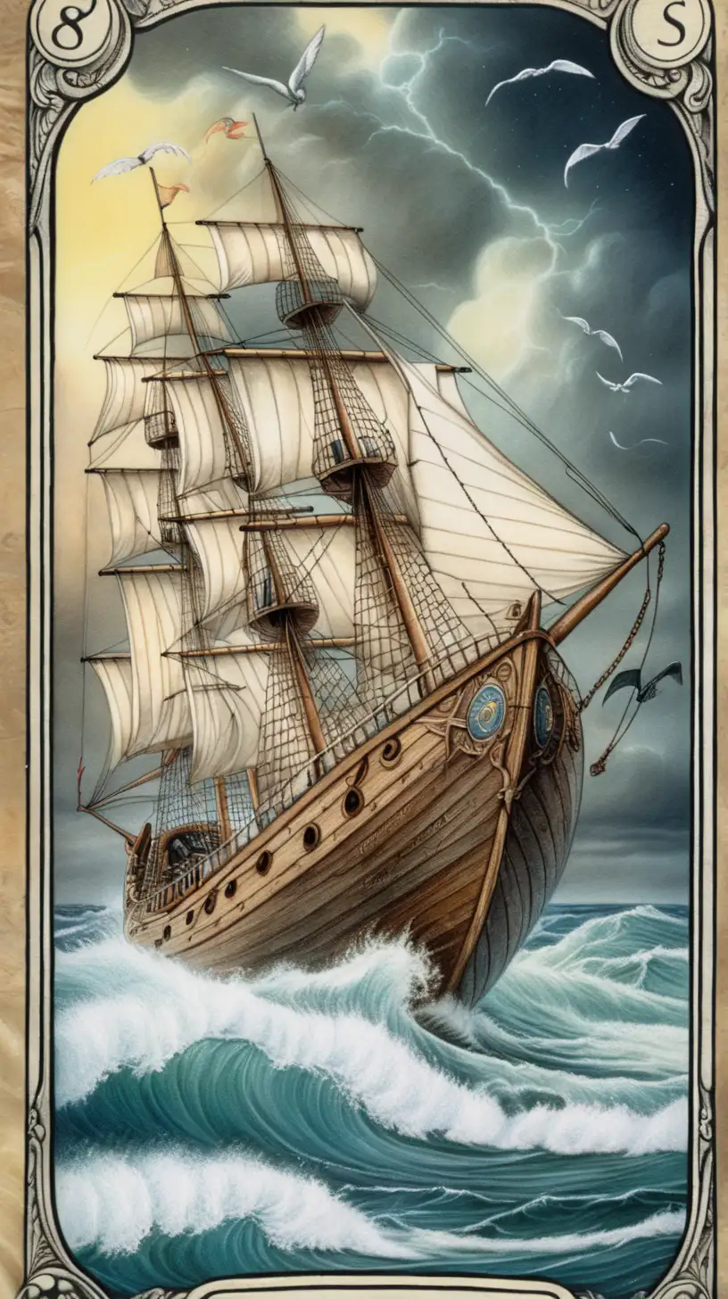 Tarot Card Illustration of a Winged Boat Navigating Stormy Seas