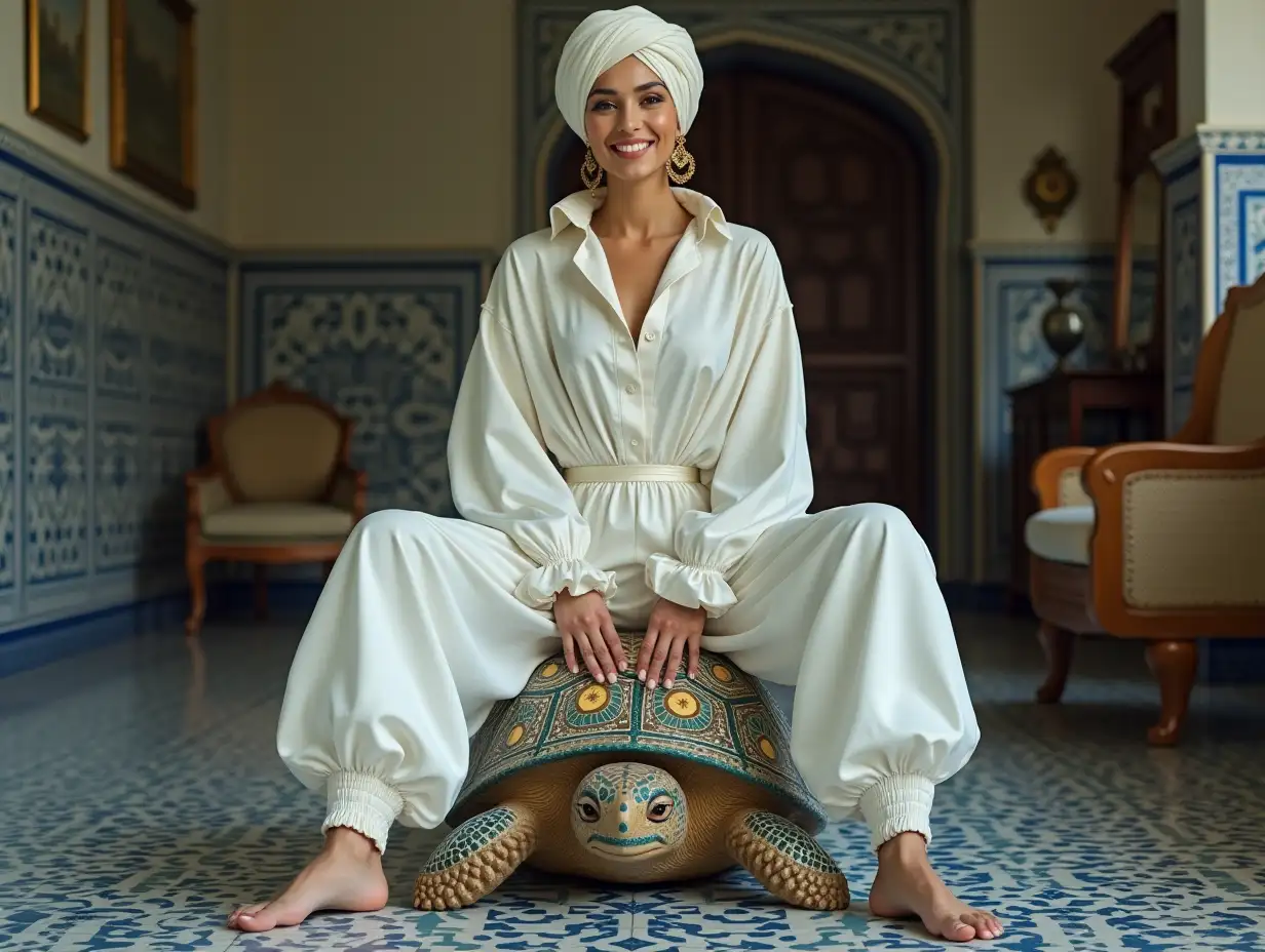 realistic image of an oriental woman with a white satin turban on her head, in a wide white satin shirt, elasticated at the cuffs with ruffles, wide baggy pants in white satin, elasticated at the ankles with small ruffles, she is sitting perched astride the back of a mosaic turtle statue, her feet on the floor, in a blue and white tiled living room, she looks at us and smiles, front view