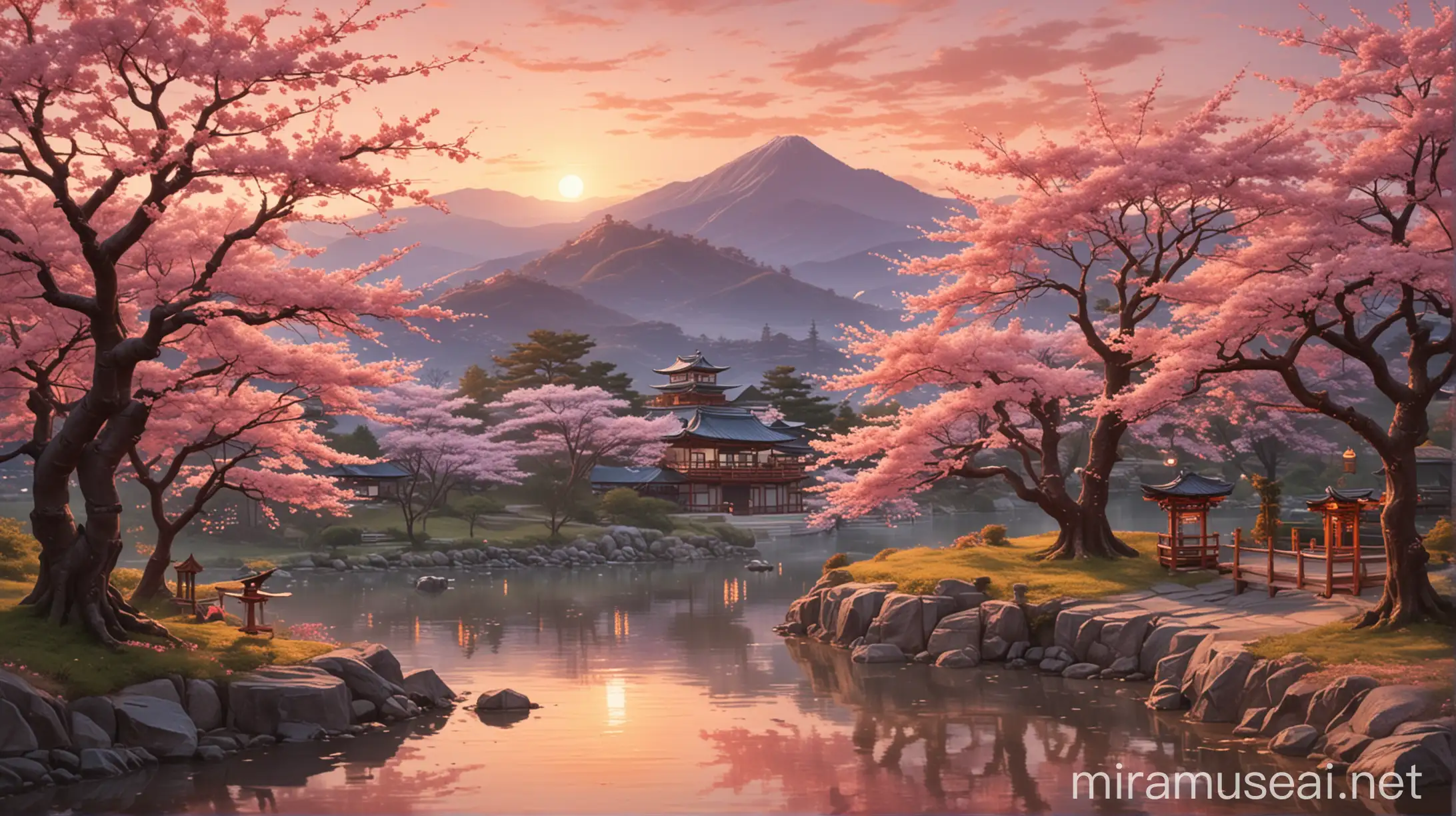 Serene Anime Landscape with Cherry Blossom Tree and Traditional Shrine