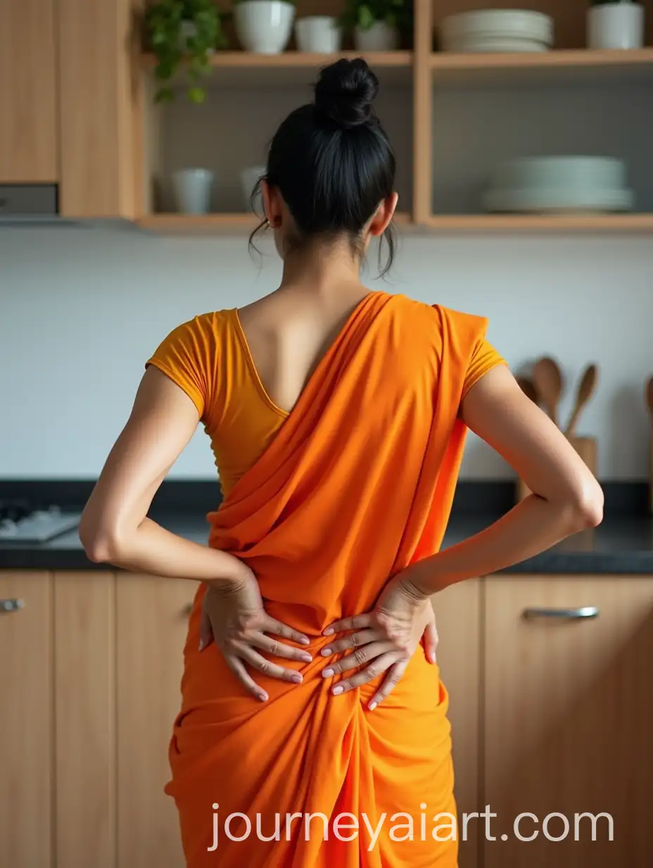 Indian-Woman-in-Orange-Saree-Holding-Lower-Back-in-Modern-Kitchen