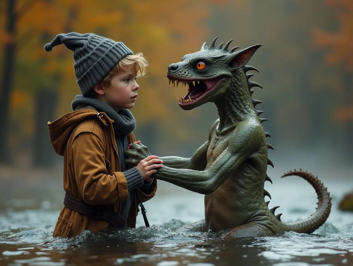 A boy dressed in autumn clothes is pulling out of the river a frightful creature - a chimera, remotely resembling a girl. The chimera has a naked human body. The head of the chimera has a wide jaw with sharp teeth, almost no nose, feline eyes widely set apart from each other and protruding.