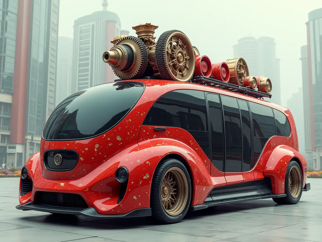 Supermodern utopian sports Omnibus with,lowered with crazy gears big on the roof aluminum rims, wide cream colored tires, Cremerot, Cremeschwarz Cyberpunk