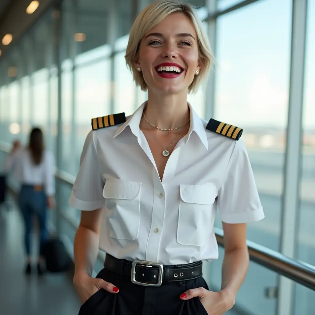 white norvegian pilot lady, in white deep-necked pilot shirt, laughing with her mouth open, red lipstick accentuating her smile,belt on waist, big wide hips, chest are fully grown, jewerly, short hair, HD, enjoing at airport , photo-realism