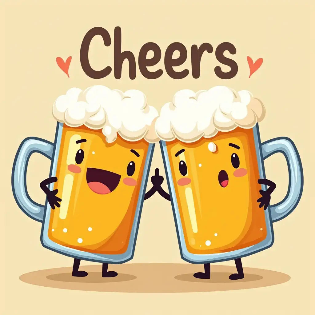 2 cartoon beer mugs clinking together with words saying cheers bro