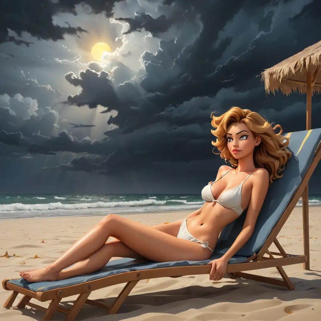 Cartoon-Woman-Relaxing-on-Beach-Sunbed-During-Stormy-Weather