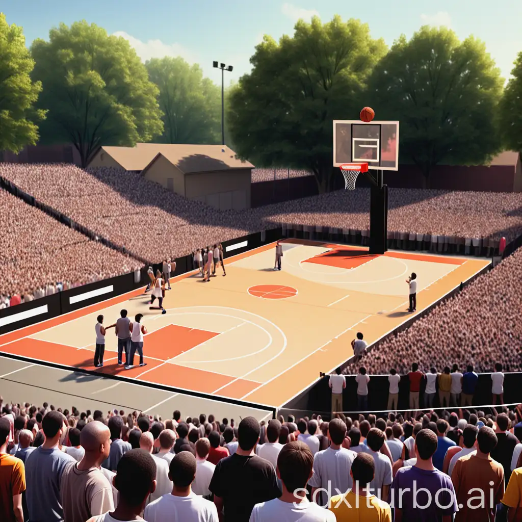 The image shows a large crowd gathered around an outdoor basketball court, with spectators filling the area and watching the game. There is a stage set up on one side of the court, likely for announcements or entertainment during the event.