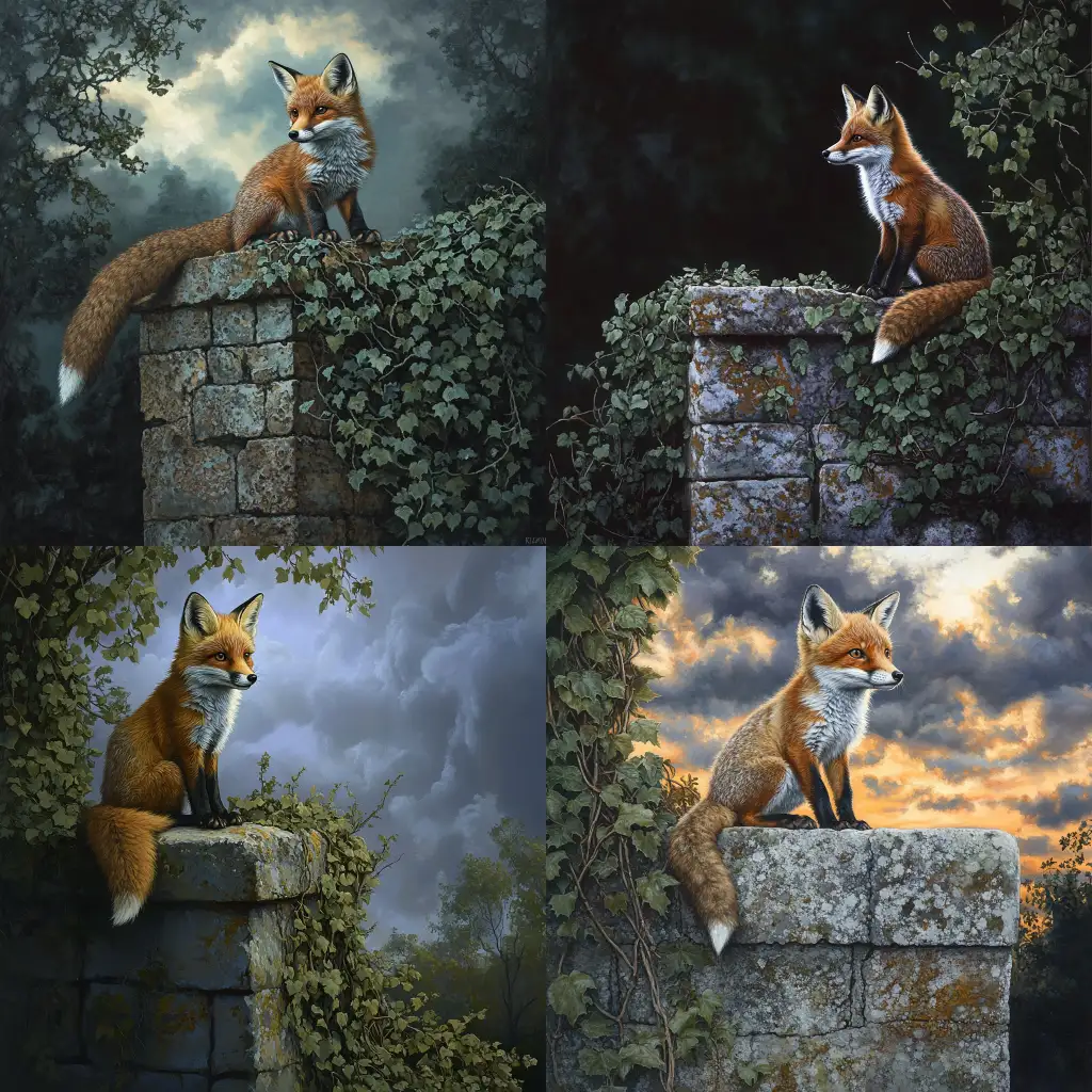 Young-Fox-Sitting-on-LichenCovered-Stone-Wall-with-Rambling-Ivy-at-Dusk-in-Fantasy-Art-Style