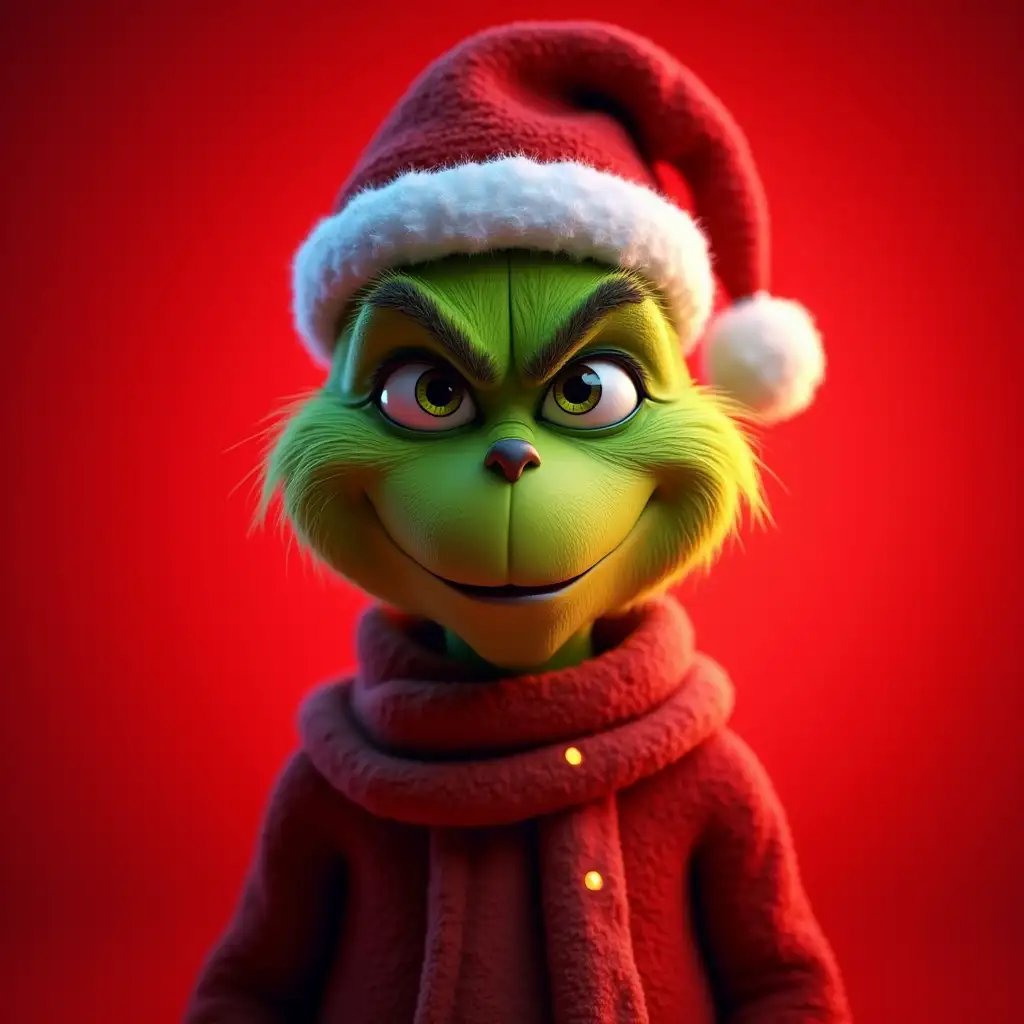 Cgi portrait of Grinch in Kaws style with classic Santa hat and scarf, glowing elements, gradient red background, Unreal Engine, Octane render