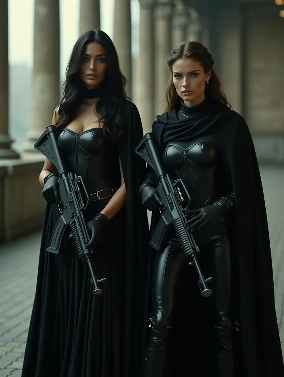 Goddesses Athena and Aphrodite dressed in black special forces equipment, holding guns. Cinematic view