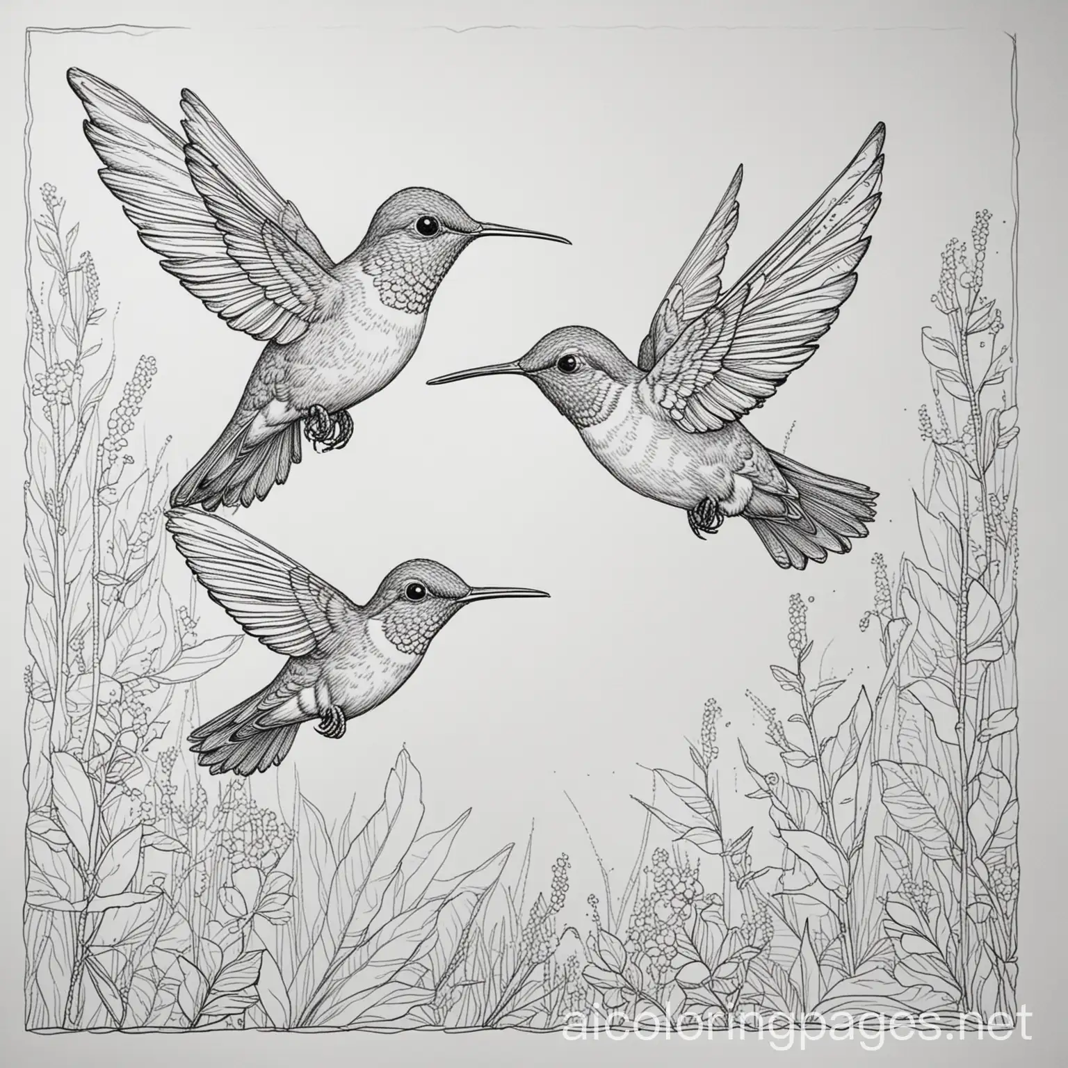 coloring page, Hummingbirds, it is more flooring up front, scenery, it is a safe animal, no color, black , Coloring Page, black and white, line art, white background, Simplicity, Ample White Space. The background of the coloring page is plain white to make it easy for young children to color within the lines. The outlines of all the subjects are easy to distinguish, making it simple for kids to color without too much difficulty