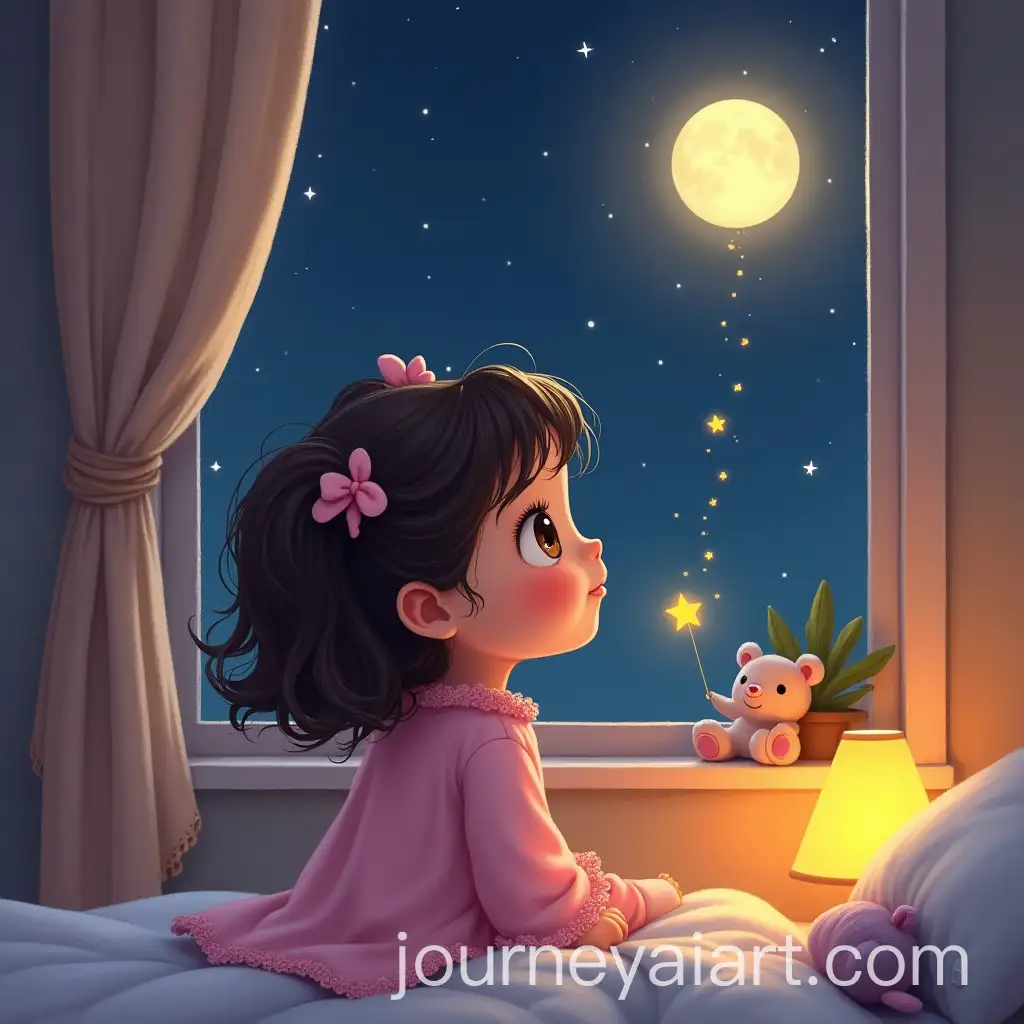 2YearOld-Girl-in-Pink-Nightgown-Watching-Glowing-Star-by-Window