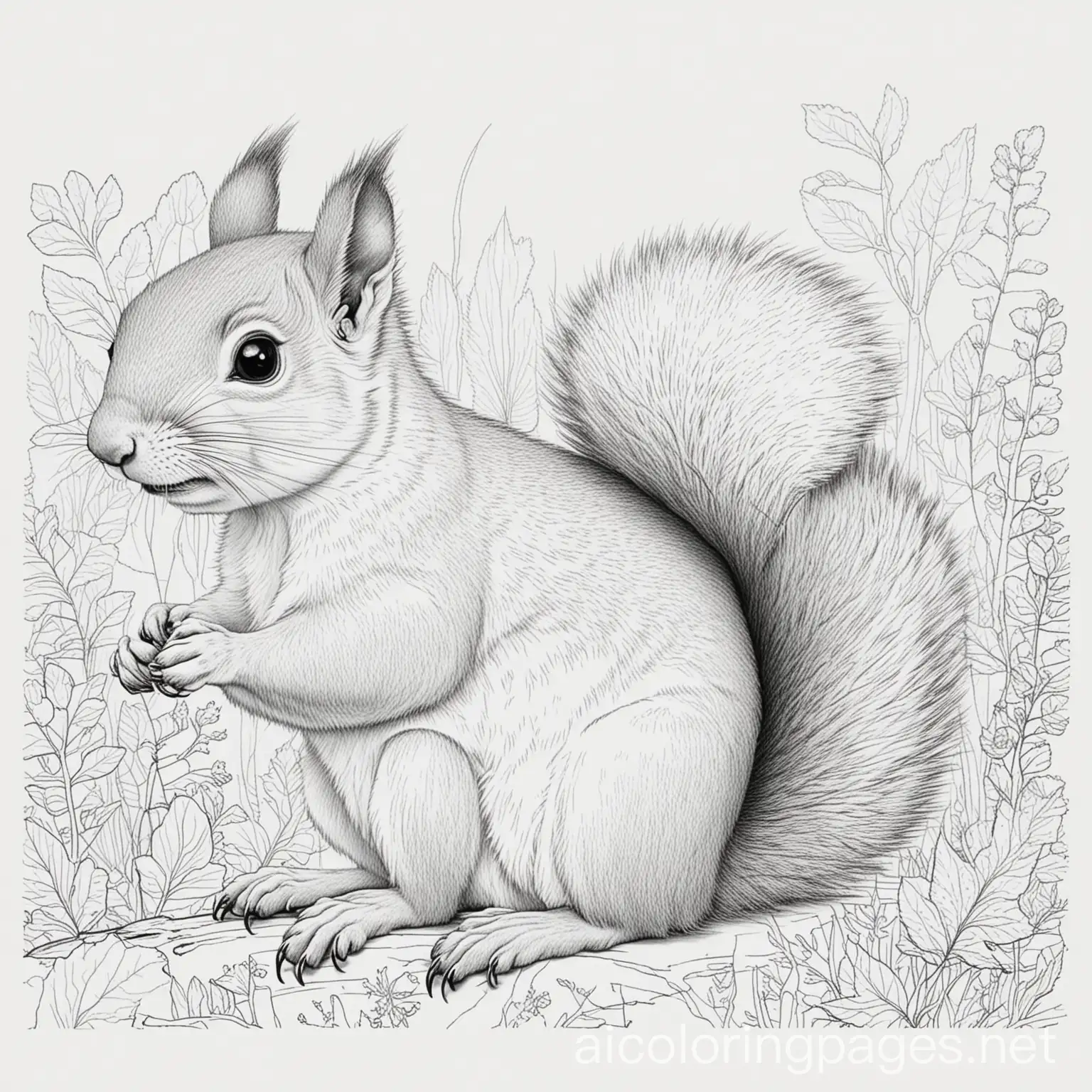 squirrels, Coloring Page, black and white, line art, white background, Simplicity, Ample White Space. The background of the coloring page is plain white to make it easy for young children to color within the lines. The outlines of all the subjects are easy to distinguish, making it simple for kids to color without too much difficulty