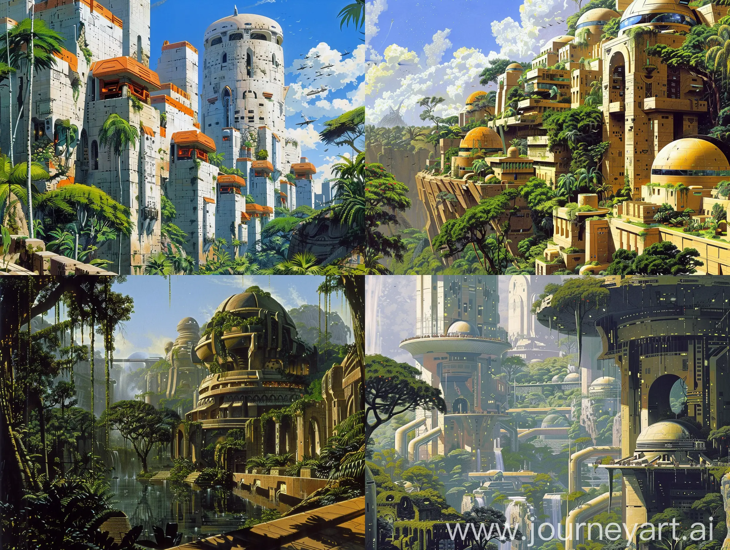 Futuristic-Jungle-City-Inspired-by-Mayan-Cities-in-Retro-Science-Fiction-Art