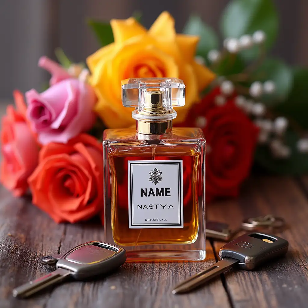 Name Nastya, accessories - car keys perfume bouquet of flowers