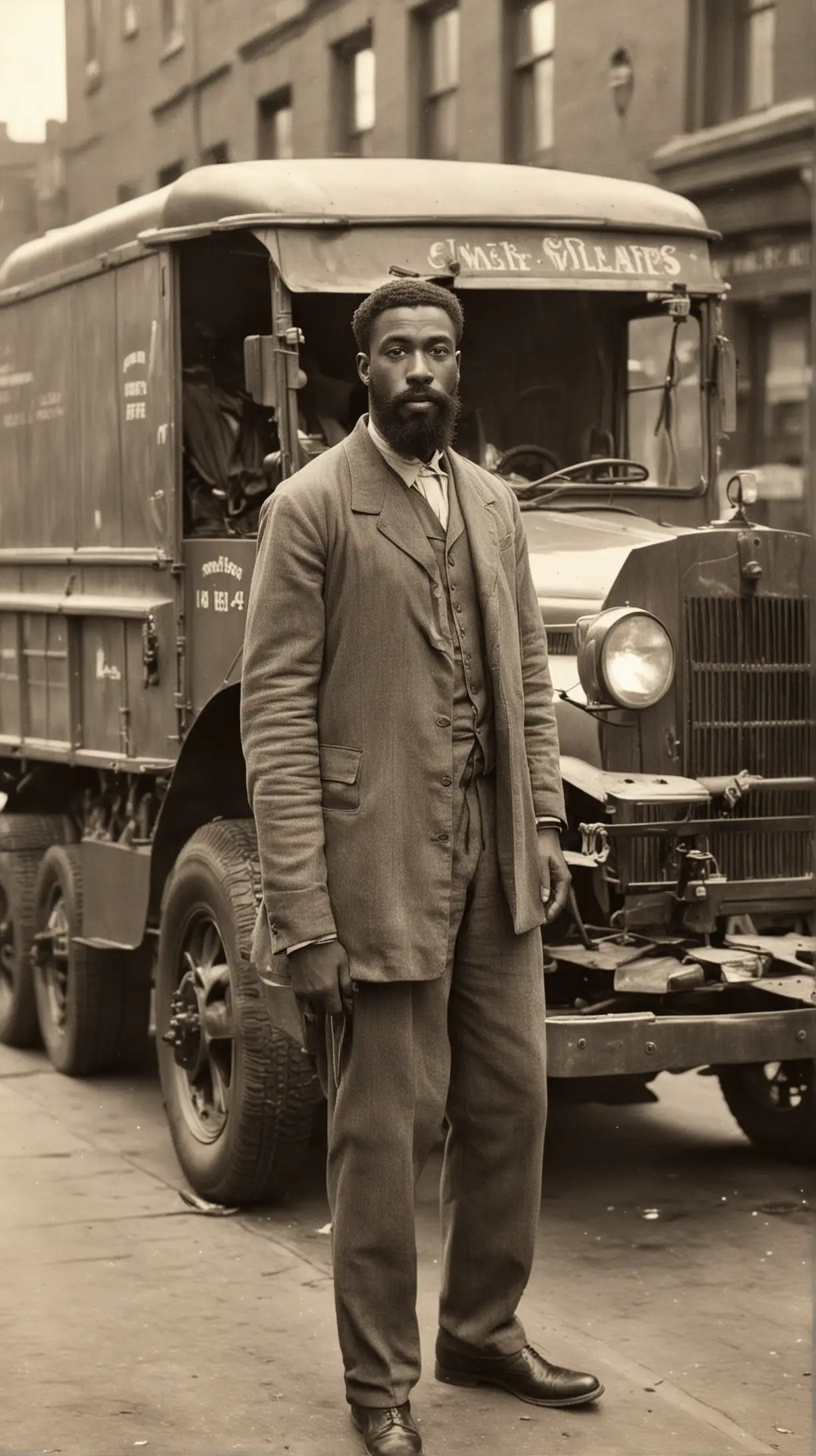 1900s Handsome Black Man with Beard in Front of Street Sweeper Truck