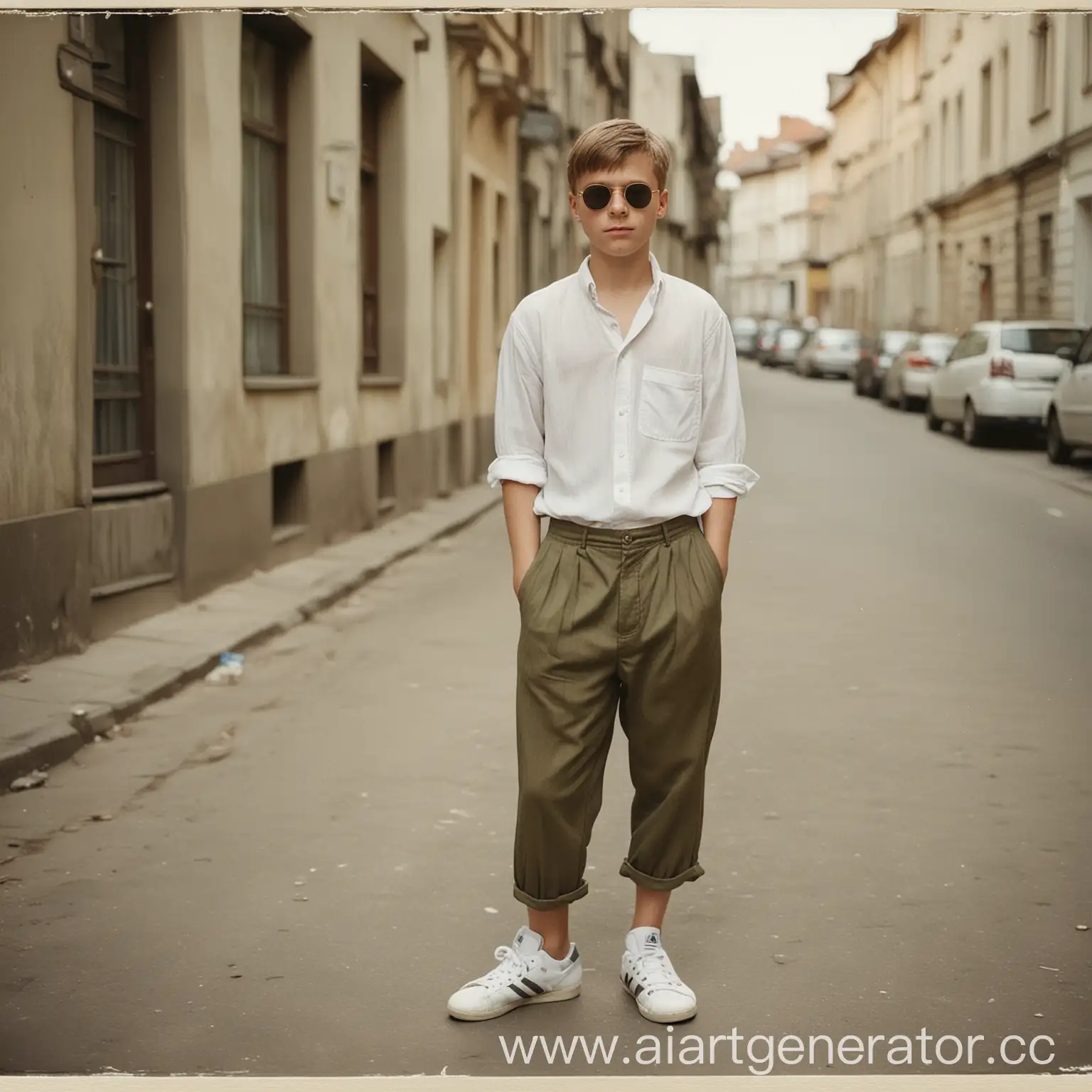 Young-Boy-in-White-Shirt-and-Adidas-Sneakers-Wearing-Round-Sunglasses