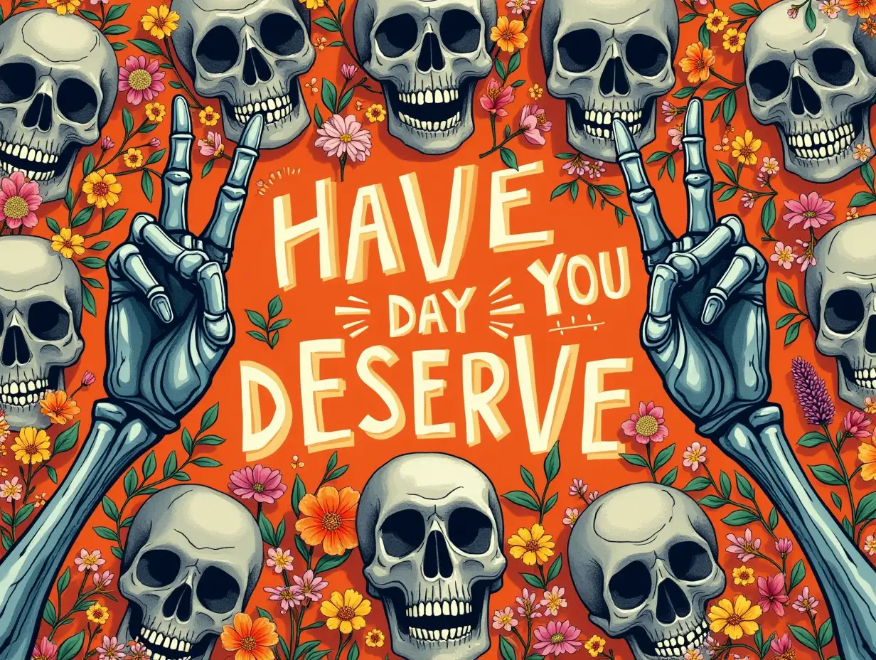 grunge-style. Create an intricate illustration featuring a vibrant, floral background filled with various skulls and flowers, using a blend of soft pastels and striking oranges. The skulls should have a slightly exaggerated, cartoonish style, arranged to create a visually engaging pattern. In the center, bold, playful typography reads 'HAVE THE DAY YOU DESERVE,' with a vibrant orange hue that contrasts against the darker tones of the skulls. Incorporate two skeletal hands making a peace sign, adding an edgy yet whimsical touch. The overall aesthetic should evoke a balance of gothic and cheerful vibes, reminiscent of modern graphic design with a slight retro twist. Aim for a detailed, hyperrealistic finish to highlight textures within the skulls and flowers, creating a striking visual impact.