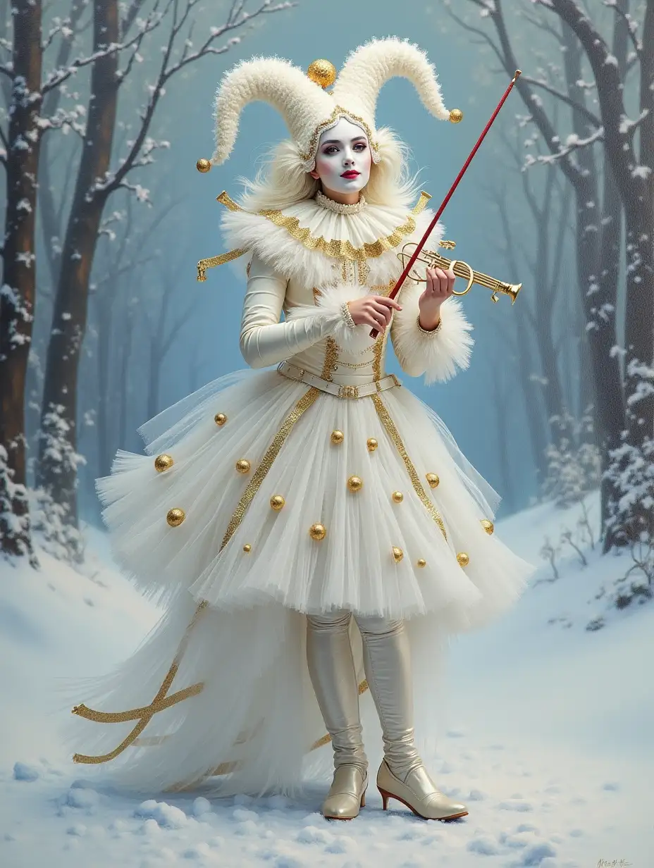 Oil painting, fabulous Harlequin musician in a white festive theatrical outfit, winter attributes, snowy, delicate, surreal, background - New Year's fantasy, silver sequins, silver and gold foil, potal.