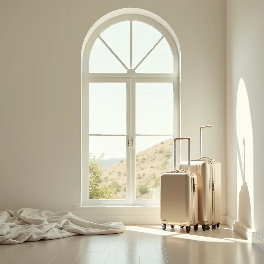 Surreal Bedroom Interior with Two Elegant Suitcases in Milky White Ambiance