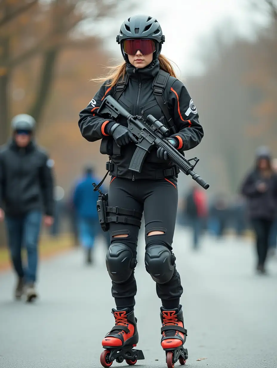 a 17 year old airsoft geared woman at a distance, she is skating on a street, holding a weapon, ordinary people in background, clothes have racing colors, she is wearing lots of functional sportswear, cycling gloves, airsoft helmet with transparent visor over eyes, smartwatch, thick plastic knee pads, modern inline skates with complete organized wheels