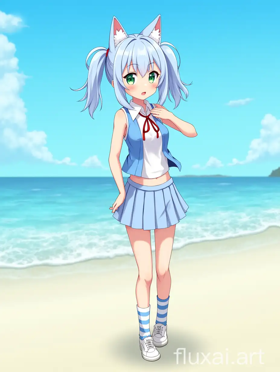 Anime style girl, with light blue hair that has two pony tails, green cat eyes,cat ears, wearing blue and white sleeveless shirt with exposed belly, in light blue mini skirt,with a red ribbon on her neck, wearing long blue and white socks,wearing white boat shoes,on a island beach with ocean in background