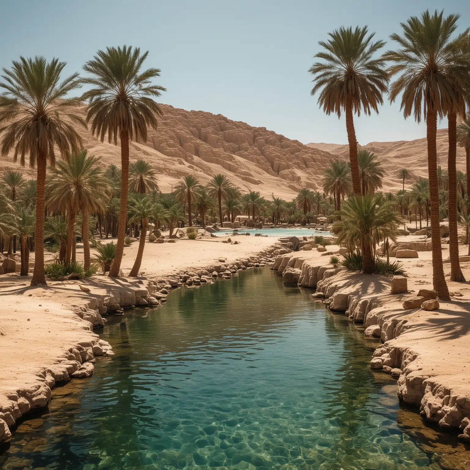 an oasis in the Egyptian desert, palm trees, clear water