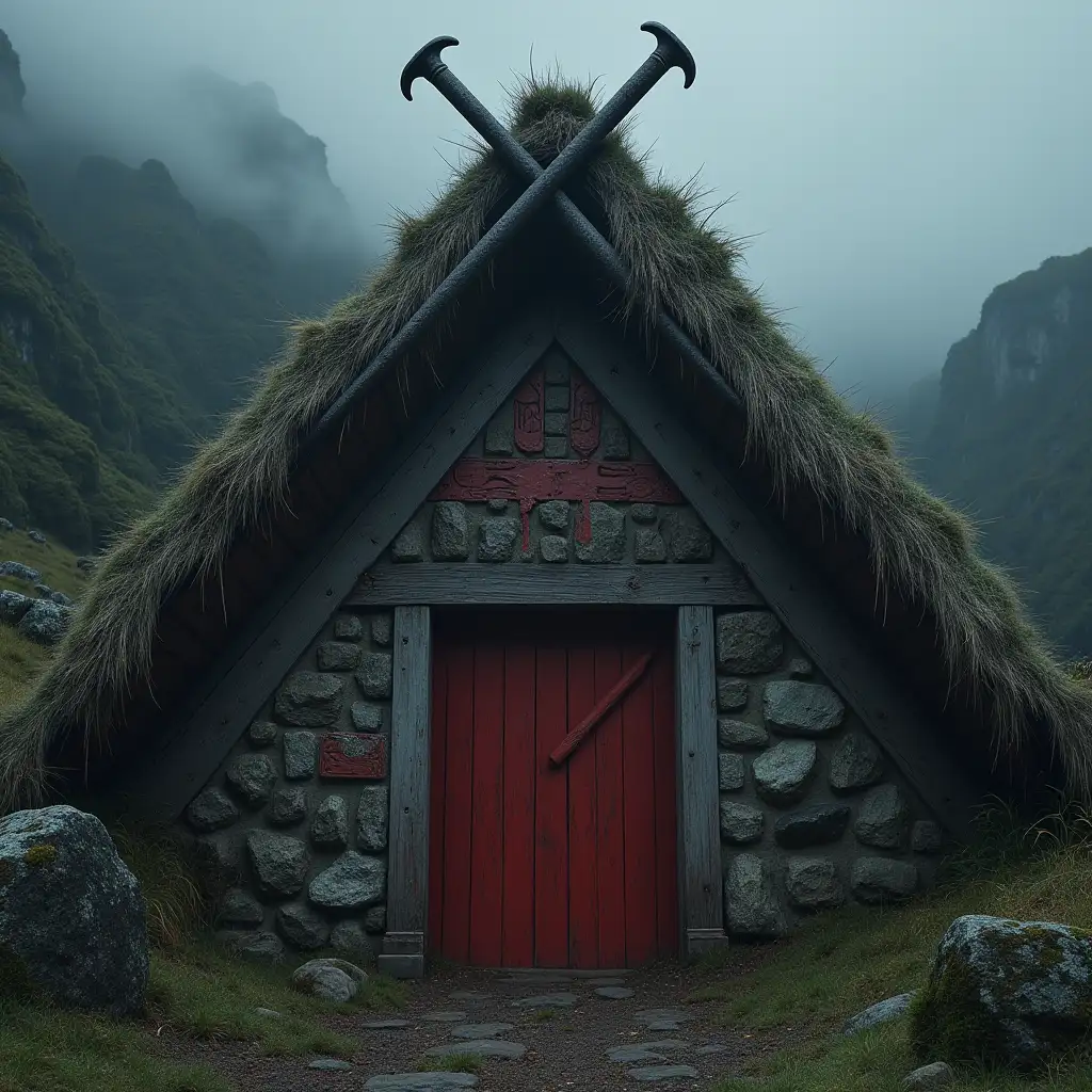 A symbolic image showing crossed iron nails above a stone doorway, red ochre painted across an A frame Māori whare (house), with Maori carvings, and faint, unseen supernatural beings repelled by the iron. Soft torchlight and mist. Protective and ancient.