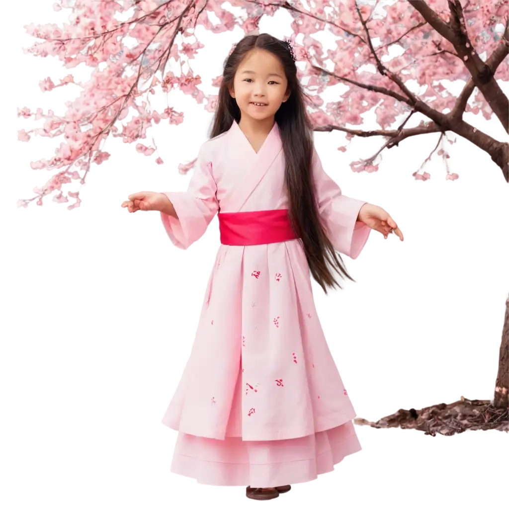 A girl in traditional attire is standing under a cherry blossom tree, with a gentle wind blowing her long hair, and pink flower petals are falling around her.