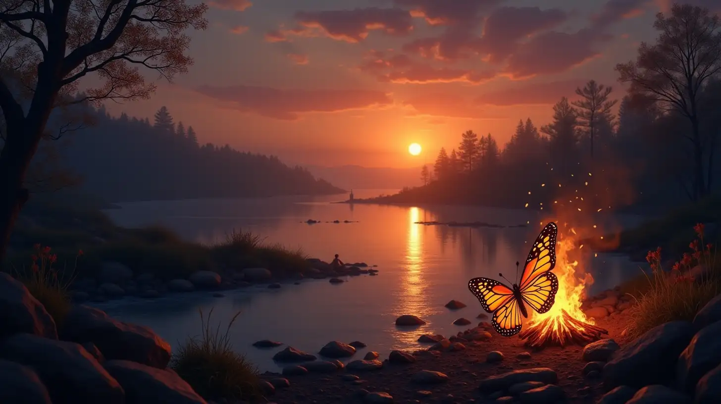 Butterfly Observing Evening Fire by the Riverbank