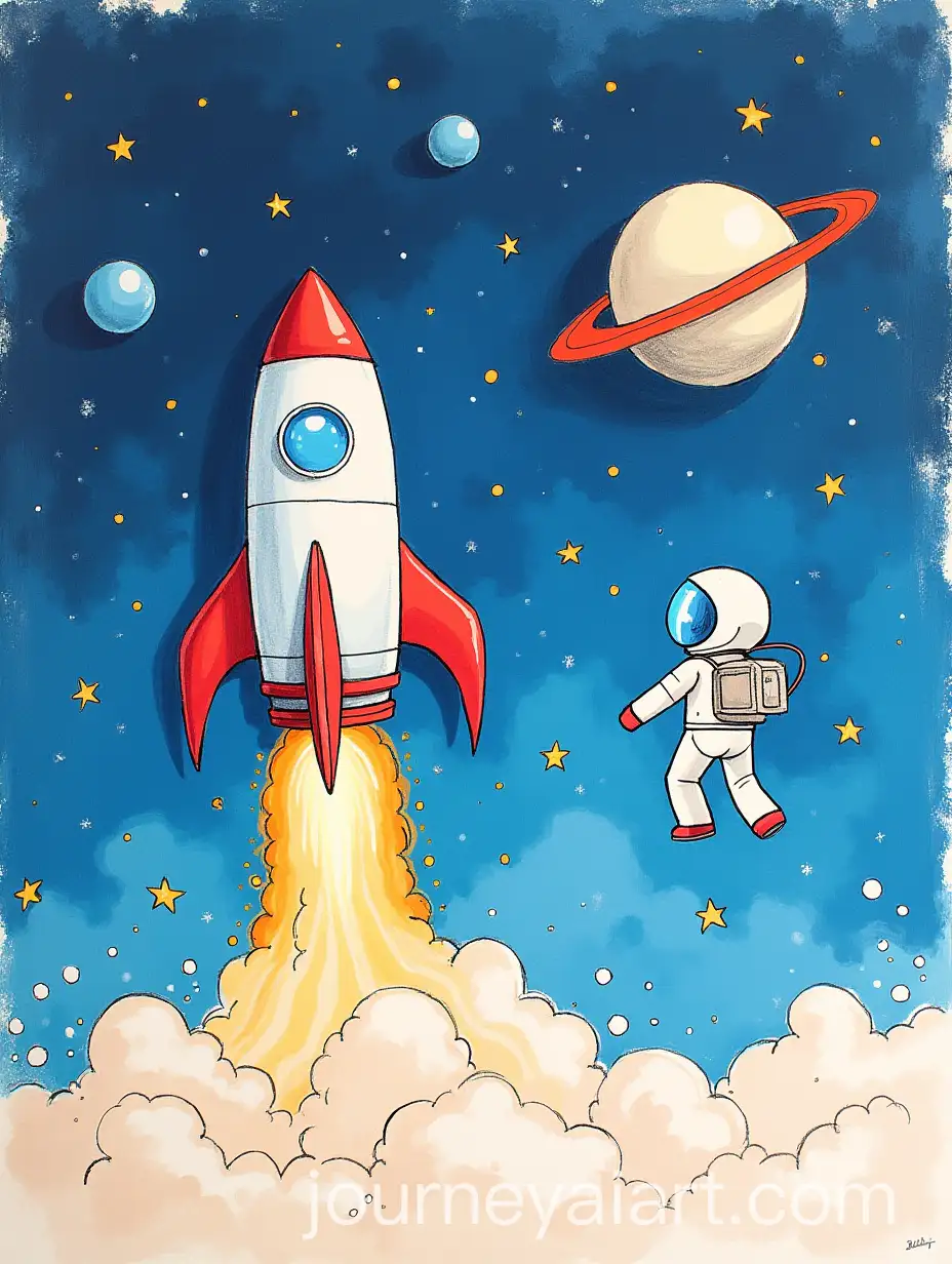 Childlike-Drawing-of-Astronaut-Launching-Rocket